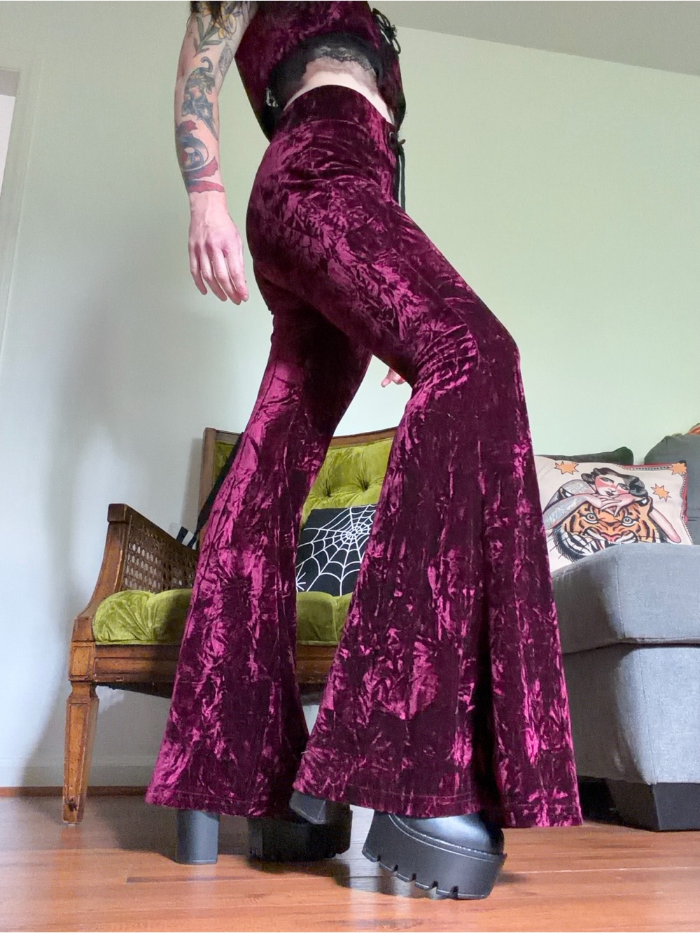 Killstar Deep Burgundy Crushed Velvet Flare Pants - Picture 2 of 7